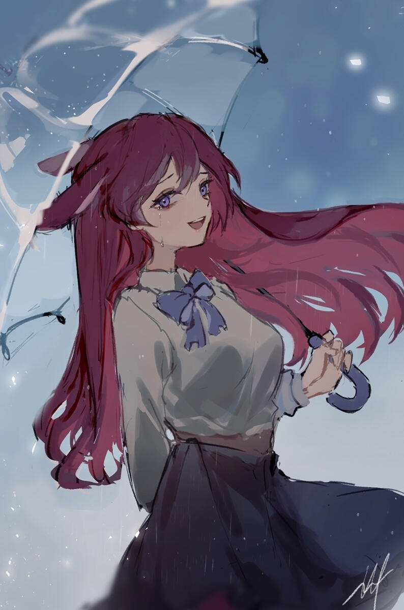 Rainy Bunny by hyde an anime-style illustration of a bunny girl with maroon-coloured hair holding a transparent umbrella while crying in the rain. Made by hyde (twitch)